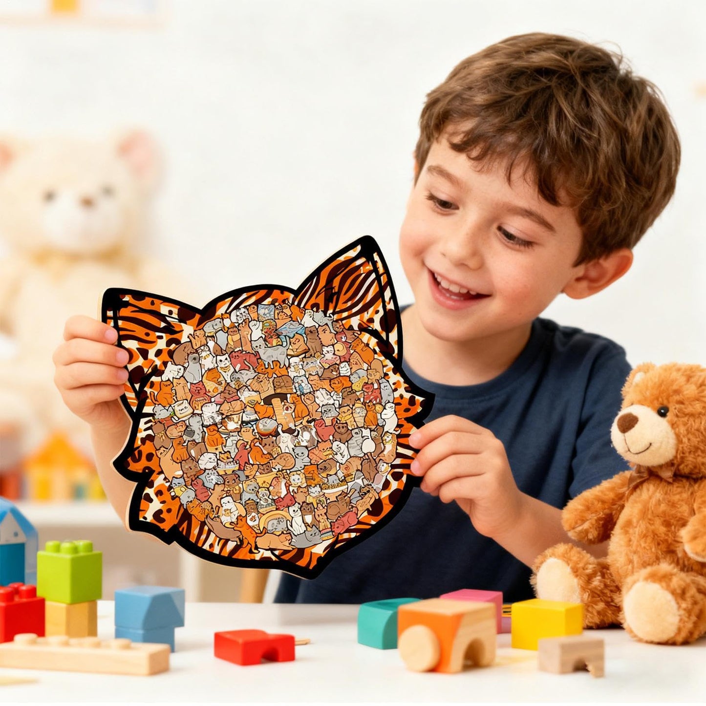 Colorful Cat-Shaped Tray Wooden Jigsaw Puzzle